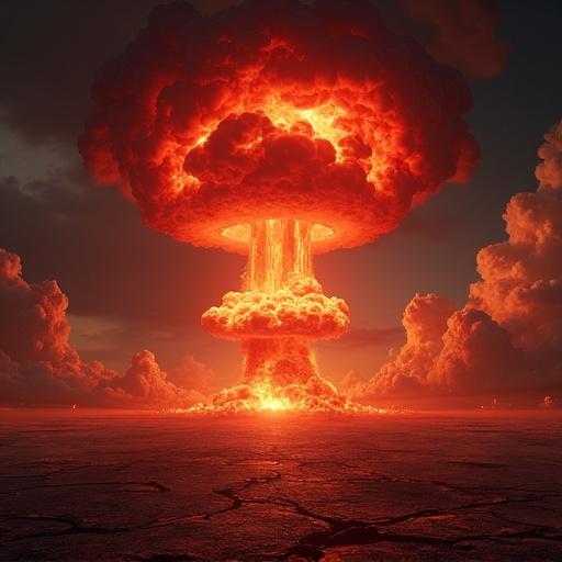 A massive thermonuclear explosion at peak with a towering mushroom cloud in crimson red. The core radiates heat and light, illuminating the landscape in red and black. The base is a churning inferno with shockwaves on a cracked landscape. Thick smoke merges with the fiery cloud. The scene is apocalyptic with ash and dust in the air. Highly detailed and dramatic. Dark fantasy or dystopian sci-fi style.