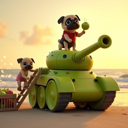 3D animated scene of dogs on a beach at sunset. Fawn pug on tank made of apples. Pug wears red shirt and black shorts. Second dog climbs ladder, wears pink shorts. Warm, inviting atmosphere.
