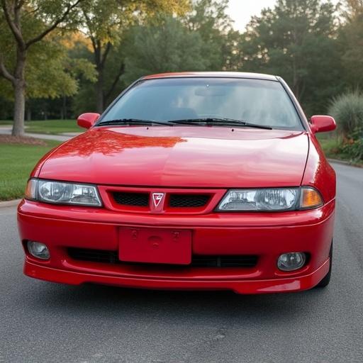 Image of a red Pontiac resembling the 1997 Opel Calibra. The design features a modified front grill based on Opel Calibra's style. Vehicle positioned on a clean road with greenery in the background.
