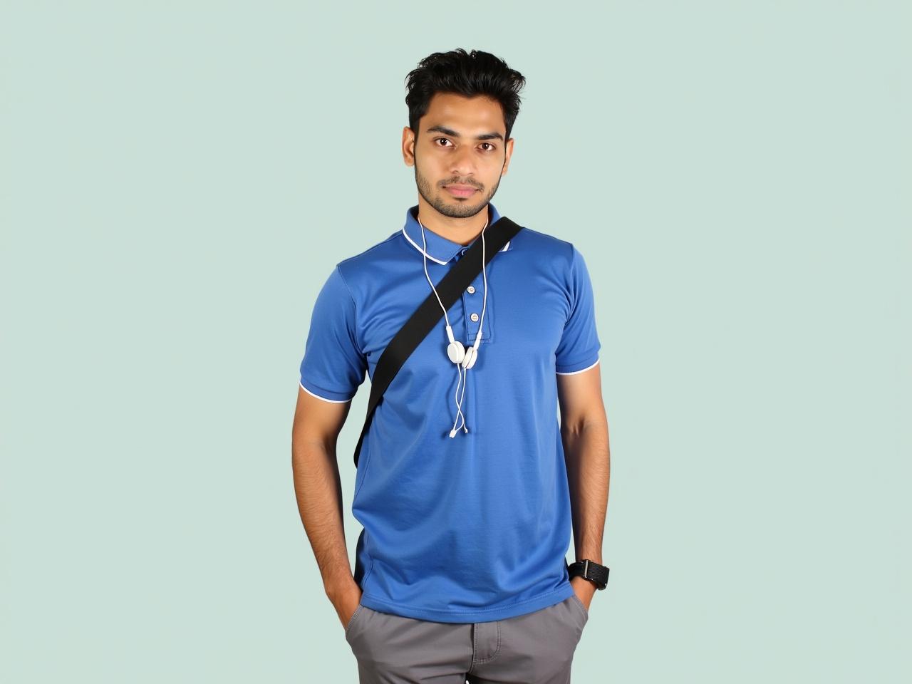 The image displays a young man standing confidently against a light background. He is wearing a casual blue polo shirt with short sleeves and has gray shorts on. Around his neck, he has a pair of earphones, suggesting he is possibly enjoying music or audio content. The man has dark, wavy hair and sports a simple bracelet on one wrist. He has a black strap running diagonally across his chest, potentially from a bag or accessory. His posture is relaxed and self-assured while looking directly ahead.