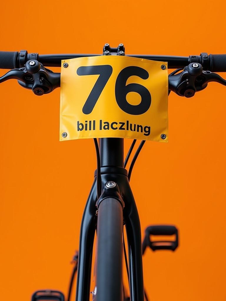 Competitor number 76 is displayed prominently on a bicycle. The number is on a yellow background. The bicycle is positioned against an orange backdrop. The design promotes a cycling championship event. This image represents the spirit of competitive cycling. Ideal for promotional materials.