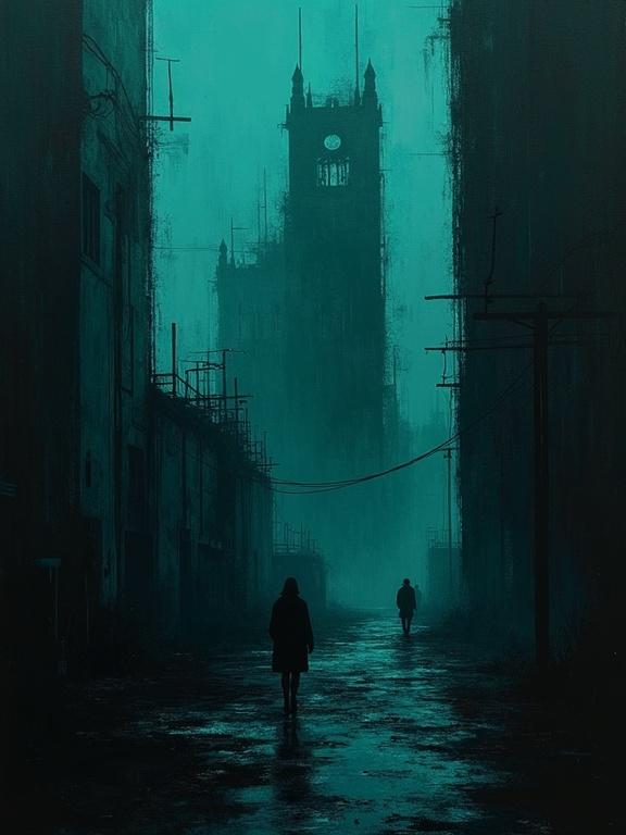 Digital oil painting featuring dark urban landscape with silhouettes. Towering clock tower shrouded in mist. Harsh paint strokes and flat colors. Teal aqua color theme dominates. Minimalist in design. Background features corrupted architecture.