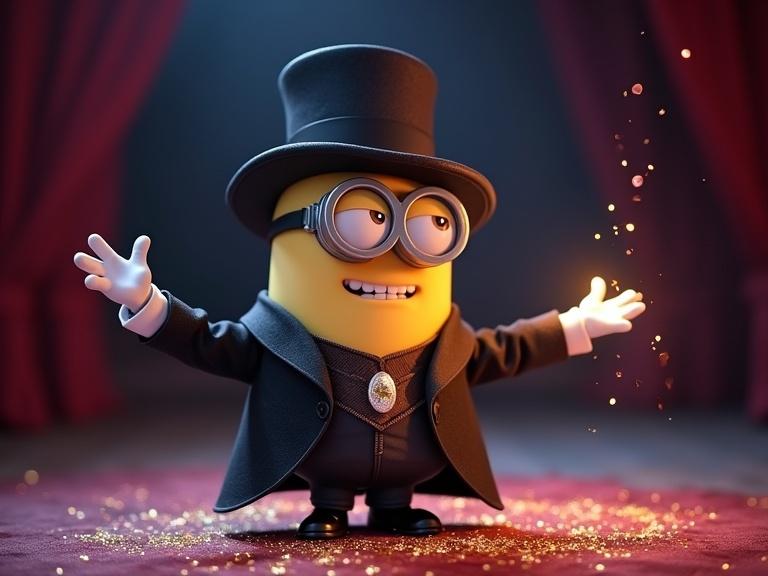 A minion character in magician attire performs on stage. Wears a top hat and has white gloves. Glittering particles are present around the character. The setting is a theatrical stage with a backdrop.