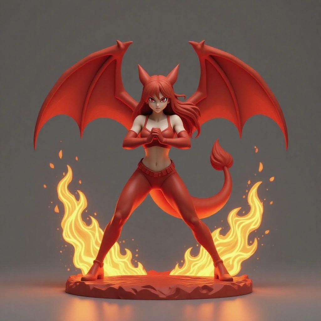 3D female figure inspired by Charizard designed for resin printing in an action pose. Hands clasped in front of chest. Massive flame hitting ground. Hind leg extended back. Front leg semi-flexed downward. Twisted torso showcasing muscles. Right arm launching flame with sculpted fire. Large bat-like wings with orange and blue-green colors. Curved tail with a burning flame. Scaly armor in orange and gold. Long messy deep red hair. Aggressive expression with roaring mouth and glowing eyes. Horns and pointed nose tribute to original silhouette. Base consists of volcanic rock fragments.