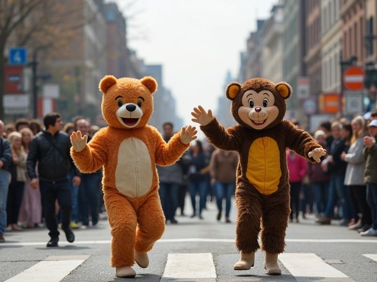 Young people dressed in bear and monkey costumes dance at an intersection in a big city. Spectators watch and join in the fun.