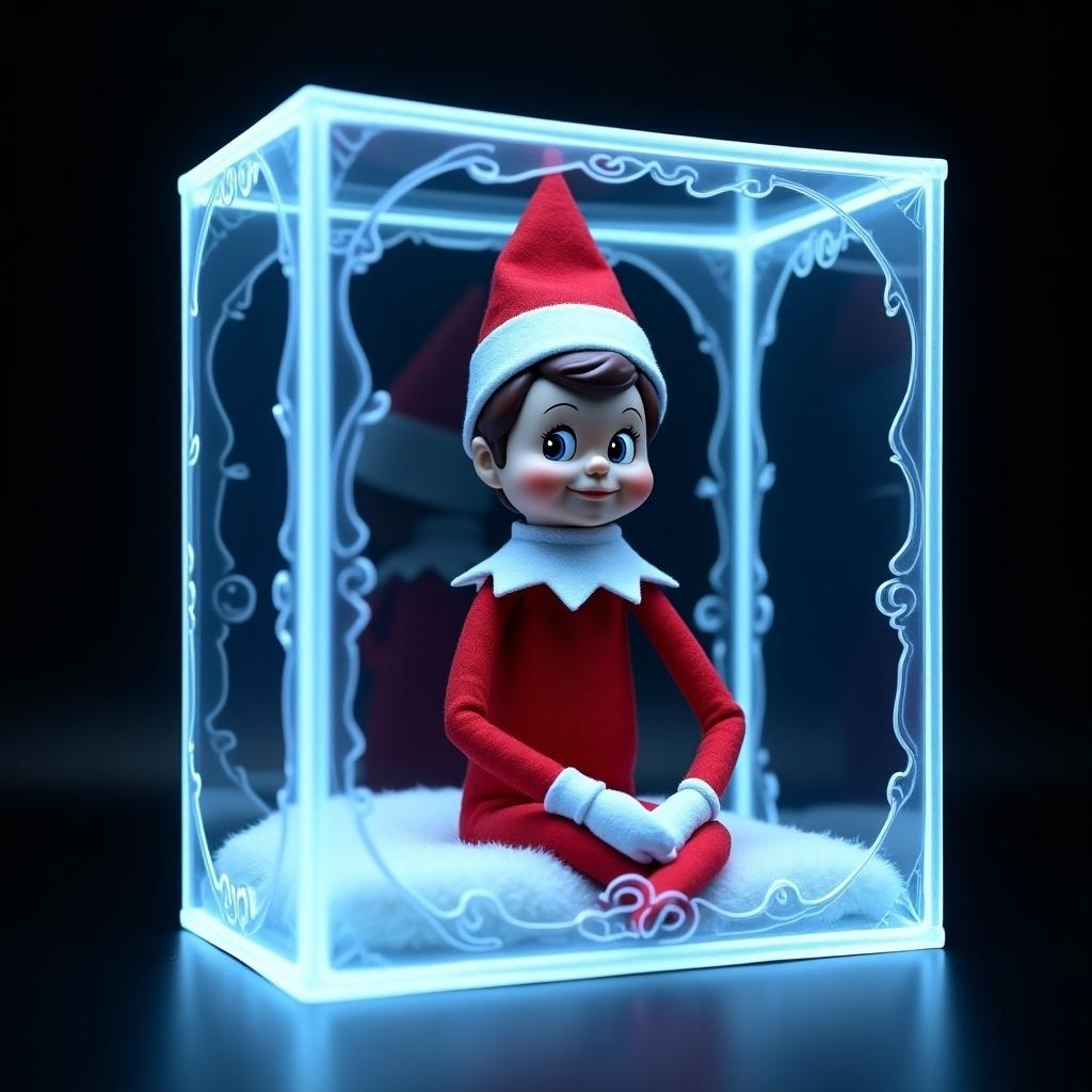 Elf toy placed inside a transparent glowing box surrounded by white fluff. Elf is wearing a traditional red outfit with a white collar and hat. The background is dark to enhance the glowing effect of the box.