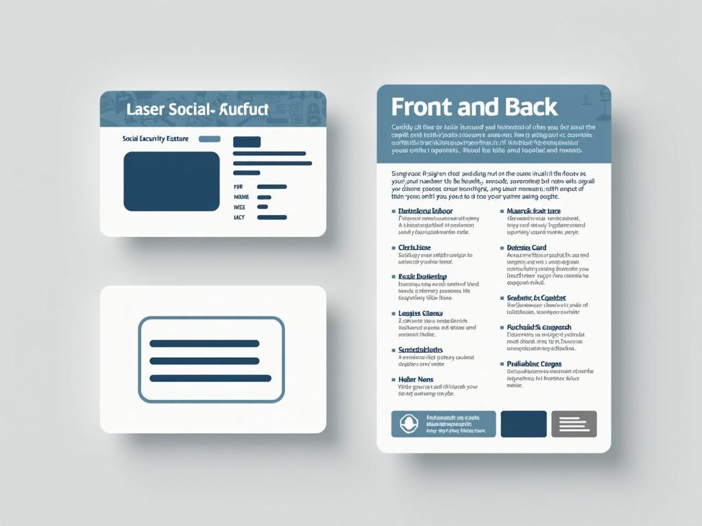 The image presents an informative design featuring a mockup of social security cards. There are two elements visible: a front card indicating personal details and a back card showing procedural information. The cards are rendered in a clean, modern style with a soft blue color palette, enhancing readability. Simple graphics accompany textual content to guide users on how to access services. The overall aesthetic conveys professionalism and clarity suited for educational or governmental purposes.