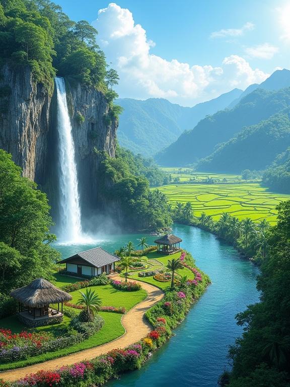 A breathtaking tropical paradise with a winding river and a waterfall. The scene features lush greenery, a flower garden, rice paddies, and a small hut under a bright blue sky. The waterfall cascades down a limestone cliff, creating a serene atmosphere. A golden dirt path leads through the colorful flower garden. The background includes rolling hills and forested peaks.