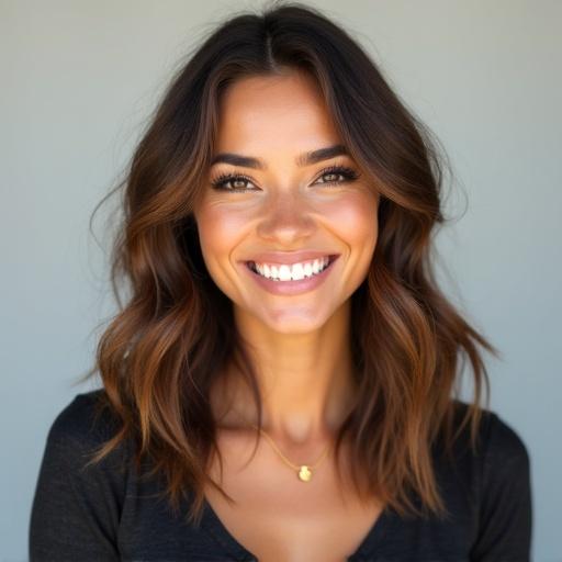 Playful photo of smiling woman with wavy brown hair. Smooth skin with warm complexion. Well-defined eyebrows and long eyelashes enhance expressive eyes. Bright white smile with even teeth. Subtle makeup features natural lip color. Small earrings adorn ears. Simple necklace with round pendant near collarbone. Casual dark V-neck top. Light-colored background highlighting warmth and invitation.