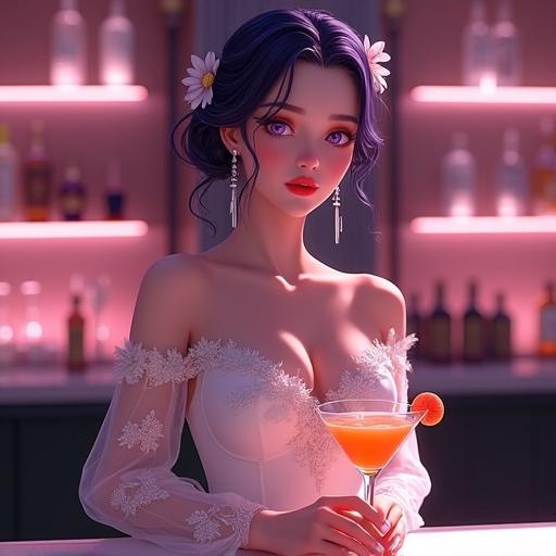 A stunning woman stands gracefully at a high-end bar fully facing the viewer with an elegant yet confident expression. She wears a white off-shoulder dress adorned with intricate floral patterns and sheer sleeves. Her hair styled in an elaborate updo shines in a rich violet hue. Deep violet eyes and long refined earrings catch the soft lighting. A glass filled with a vibrant orange cocktail is on the bar counter. Behind her are softly illuminated shelves with a few bottles creating a clean aesthetic. The atmosphere is romantic with immersive depth, ensuring a striking composition.