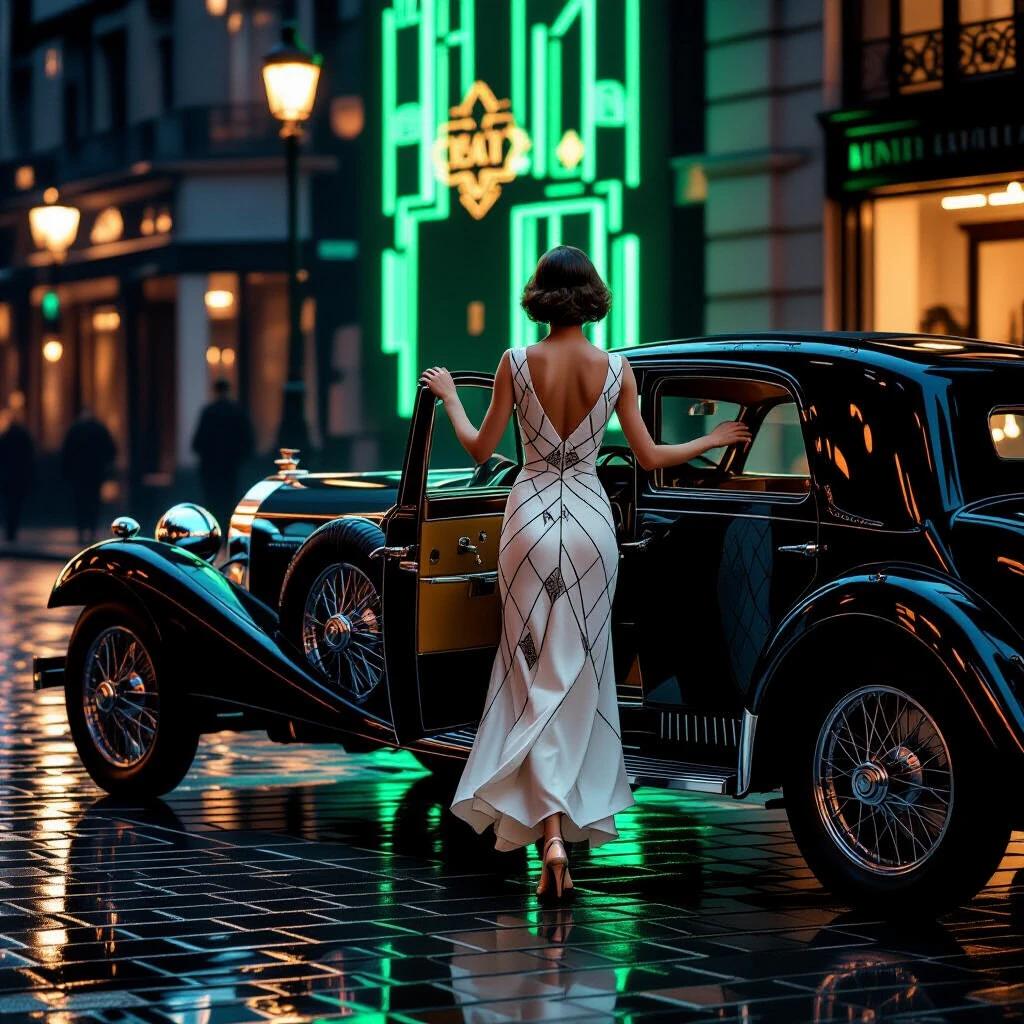 Sophisticated woman in 30s opens door of parked 1924 Bugatti Type 35. She wears a knee-length white dress with geometric diamond patterns. Wet cobblestones reflect Art Deco neon lights. Glow from streetlamp highlights her back. The car has a leather interior visible. Scene captures midnight ambiance in Paris.