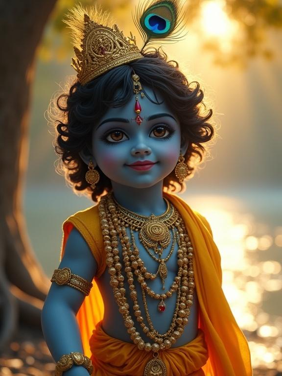 Image features Lord Shri Krishna depicted as a divine figure with a deep bluish-black complexion. Hair is long and curly, adorned with a peacock feather. Wears bright yellow silk garments and golden jewelry. The background is glowing and calm, mimicking natural serenity near a water body. Emphasis on spiritual depth and a serene expression is conveyed through large, glowing eyes.