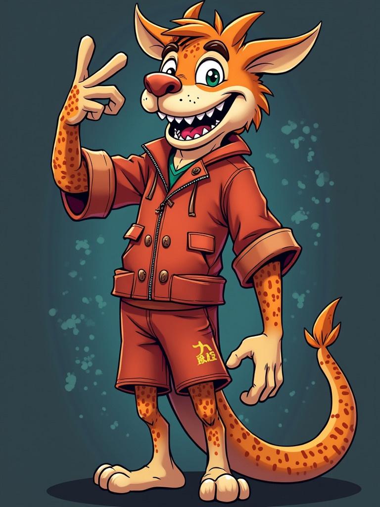 Cartoon character of a friendly, animated animal with spiky fur. Character wears a stylish orange outfit. Expressive face with a big smile. Gestures a peace sign. Suitable for children's media.