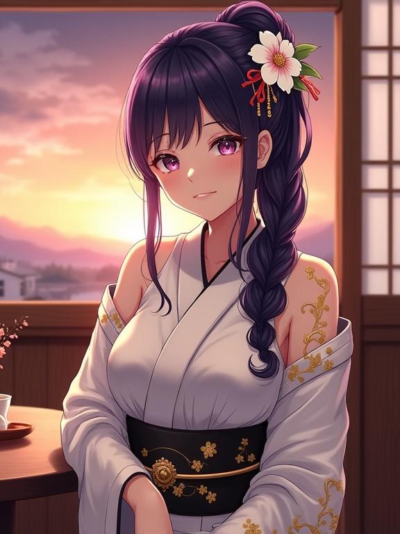 Anime character with dark violet long hair styled in an updo with bangs. Calm expression. Wears white kimono with golden floral patterns and a black obi. Sitting in a traditional Japanese cafe at dusk with wooden interior and soft light. Background shows a hazy sunset sky.