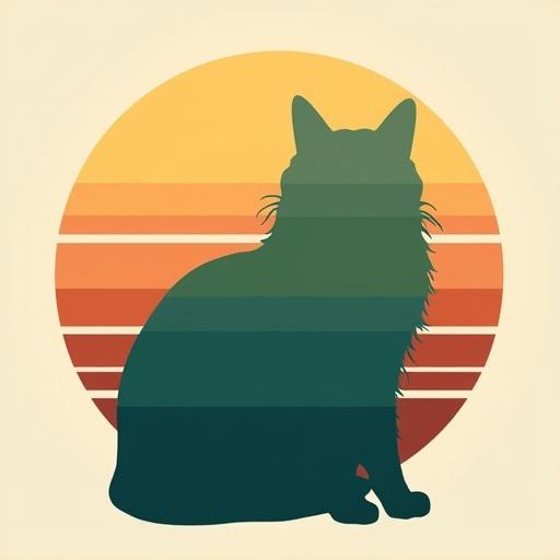 Maine Coon silhouette designed with gradient layers from deep teal to forest green to sage green. Circular sunset backdrop features warm oranges peaches and golden yellows accompanied by horizontal stripes.