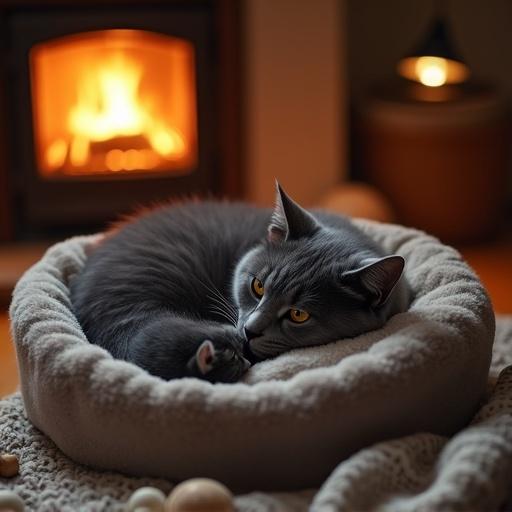 Cozy evening domestic scene with cats in a comfy bed near fireplace. Adult British Shorthair licking small dark-striped kitten. Warm glow from fireplace reflects on walls. Soft table lamp light creates snug atmosphere. Knitted blanket and wooden toys scattered.