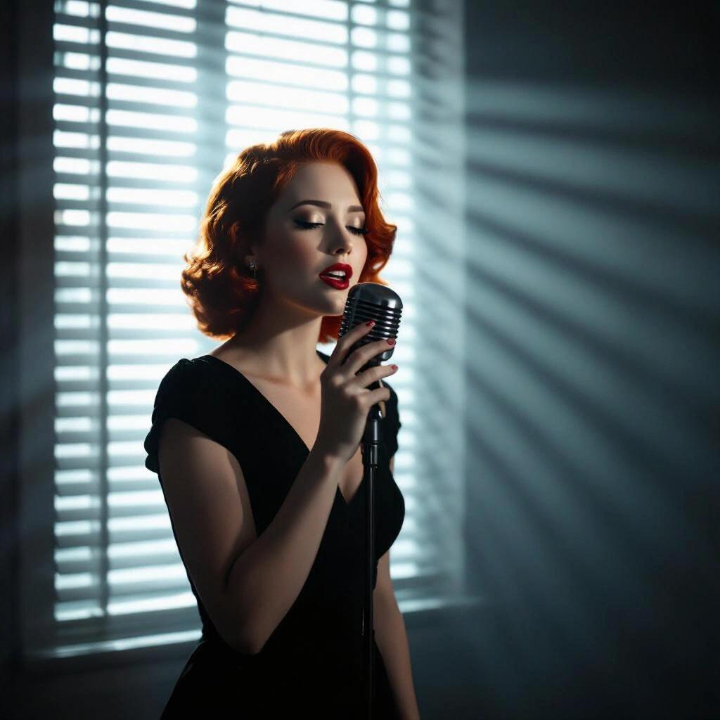 Irish woman with red hair sings in a dark room. Classic noir atmosphere. Light cuts through Venetian blinds. Subtle haze and high contrast shadows enhance the mood.