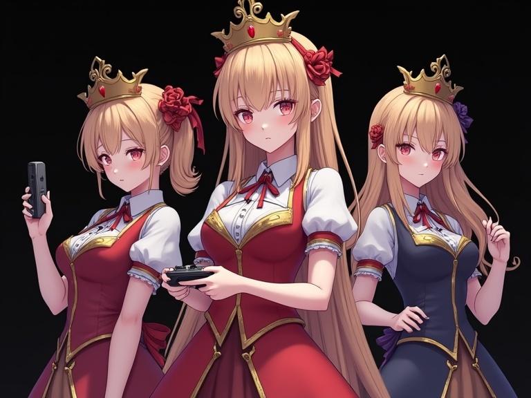 Three adult female game characters dressed in princess outfits. Black matte background. Holding game controllers. Hime x Geemu logo centered in the image.