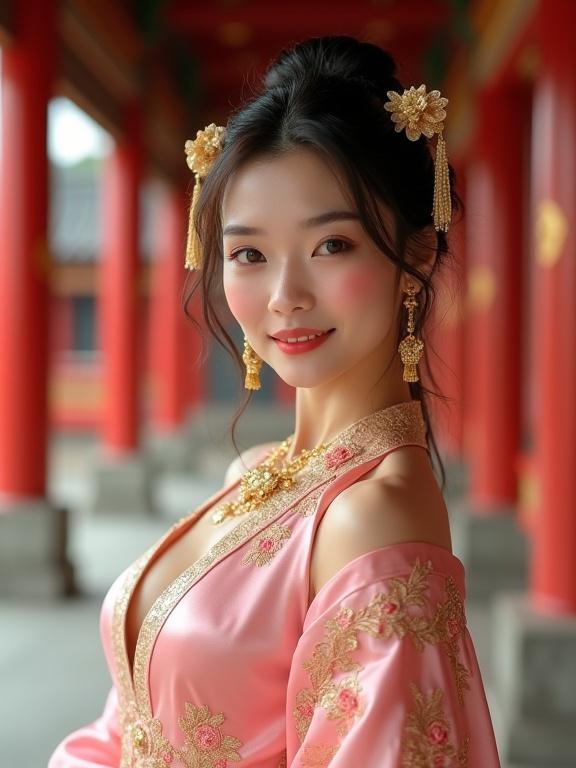 An elegant Asian woman poses gracefully. She has porcelain skin and glowing cheeks. Pink blush enhances her features. Large brown eyes show a confident gaze. Dark brown hair styled in an intricate updo. Golden floral hair accessories and tassels adorn her hair. She wears a luxurious shiny pink silk dress with gold embroidery. The dress features floral designs and flowing sleeves. A fitted bodice enhances her figure. Background is an ancient Chinese temple with red pillars. Golden lighting creates a warm atmosphere. Flash photography is slightly overexposed with visible lens dust and film grain. This evokes a nostalgic early-2000s vibe.