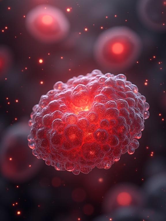 Visualization of iron in blood. Close-up view of a glowing cell with a textured surface. Soft glow with highlights.