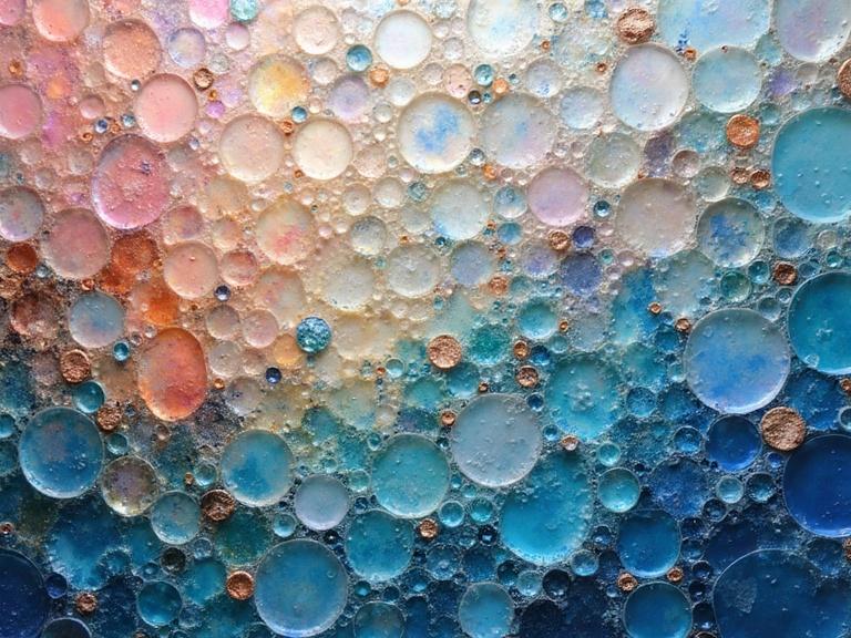 3D iridescent ceramic tile and glass mosaic with an abstract and ethereal feel. Crispy textures created with encaustic mixed media. Colorful bubbles and clusters dominate the design.
