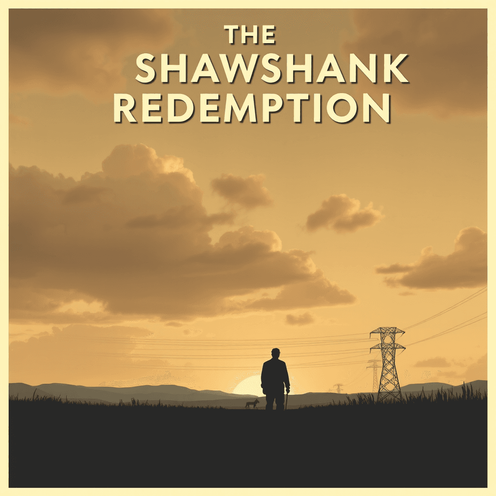 A silhouetted figure and a dog stand against an expansive, golden sunset under the title "The Shawshank Redemption".