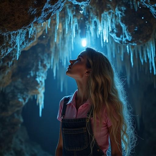 Photograph of a cave interior featuring a slim young woman with long blond hair. Woman dressed in denim overalls and pink polo shirt. She gazes in amazement at the illuminated cave ceiling. The light source is glowworms creating a magical atmosphere.