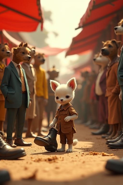 A busy village market scene features a small white puppy named Tuku polishing shoes. He leans on a shiny black shoe while wearing tattered brown clothes. Wealthy dogs in suits wait with smirks. The market has red and yellow stalls with sunlight and dust in the air. A vibrant, dynamic atmosphere is captured in a 9:16 frame.