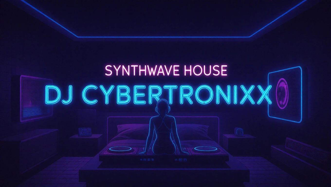 A dark neon bedroom scene featuring RGB art style. Includes a silhouette at a DJ setup. Text displayed in a futuristic font reading Synthwave House and DJ Cybertronixx.