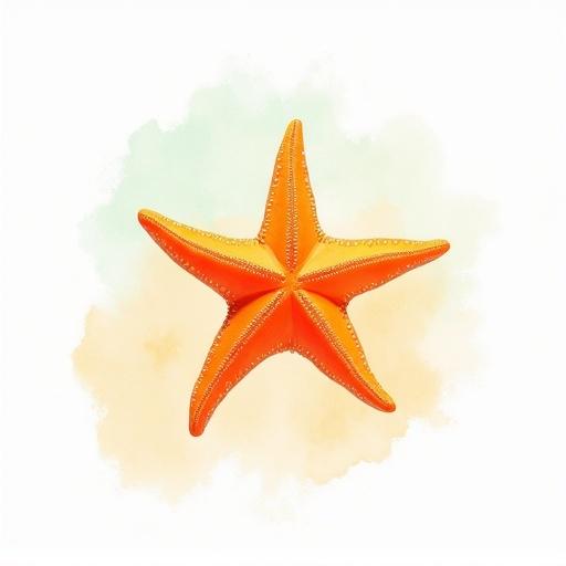 Watercolor in pastel colors. Blank and centered background. Orange starfish prominent in the middle.