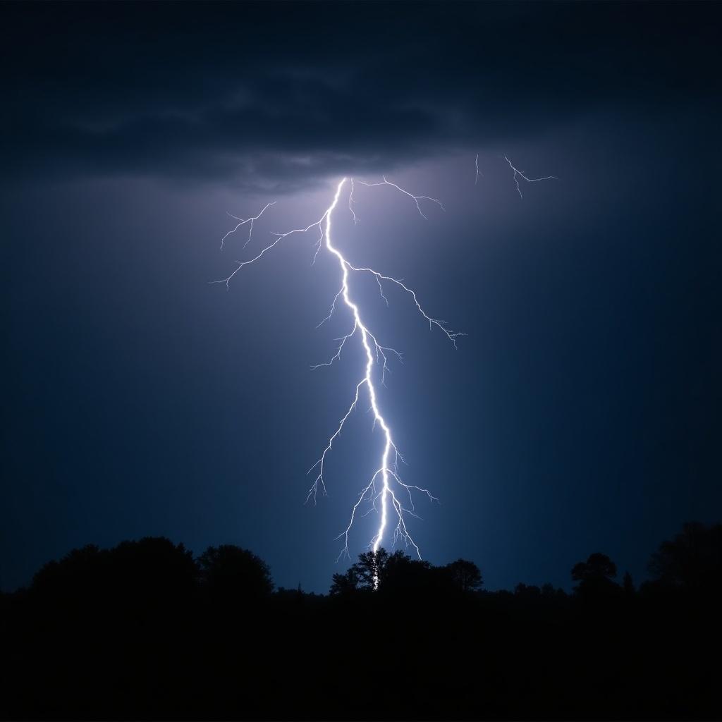 A bright lightning bolt illuminates a dark sky over silhouetted trees. The scene captures the intense moment of a thunderstorm, showcasing the power of nature. The contrast between the bright bolt and the surrounding darkness creates a dramatic effect. Trees are seen as silhouettes against the illuminated backdrop. This image conveys the beauty and ferocity of a stormy night.