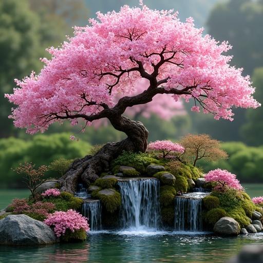 Cherry blossom bonsai tree with waterfalls set in a Japanese garden. Artwork inspired by Luis Royo, WLOP, Artgerm Lau, and Anne Stokes. Features vibrant deep colors.