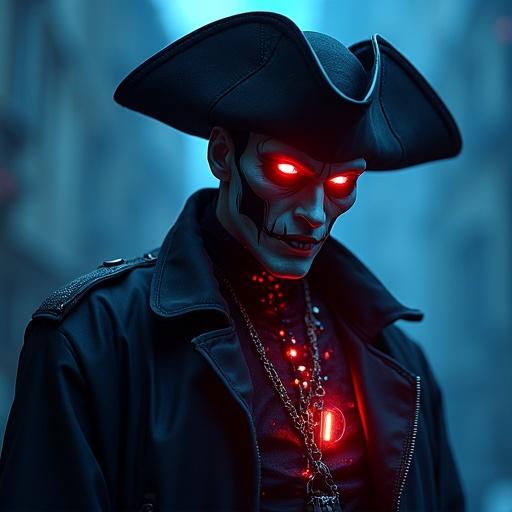 A vampire pirate character displaying sharp features. The character is dressed in a steel-black coat with glowing red eyes and an electric blue color palette. The setting is dark and atmospheric with a moody feel.