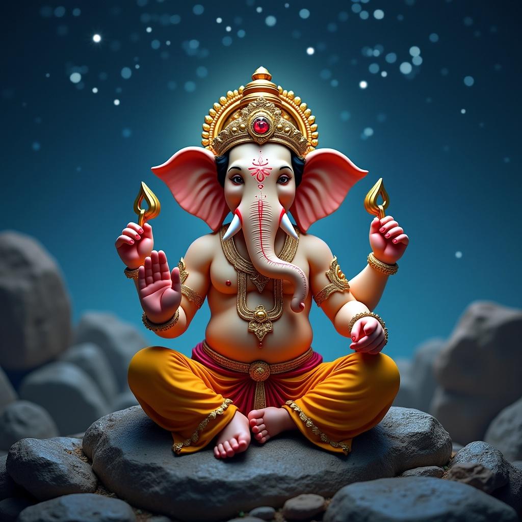 This image is a stunning depiction of the Hindu deity Ganesha, characterized by his elephant head, seated in a meditative pose. He is placed on a rocky landscape which adds to the serene ambiance. The night sky behind him is filled with stars, creating a celestial atmosphere. Ganesha is adorned with an intricate golden crown and majestic accessories. This artistic rendition highlights the attention to detail in representing the deity’s divinity.