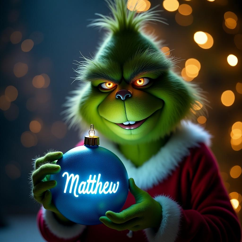 A Grinch holds a glowing blue Christmas bauble. The bauble features the name Matthew in elegant script. Warm light creates a magical feeling with twinkling Christmas lights in the background.