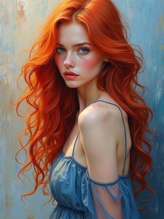 Portrait of a beautiful woman with long red hair wearing a delicate translucent dress. The background features complementary colors to her vibrant hair, depicted in oil painting style with impasto technique. The artwork showcases beauty and artistry in a modern context.