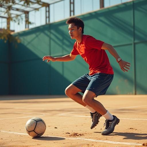 A young man immersed in playing soccer on an outdoor court. He appears engaged and active, showcasing athleticism and dedication.