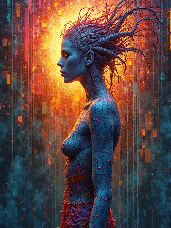 A nude deity is portrayed in a side profile. The body has intricate designs reminiscent of stained glass. The background features glitch loops and transparent washes, with warped reflections and parametric coils. Bright complementary colors enhance the visual impact.
