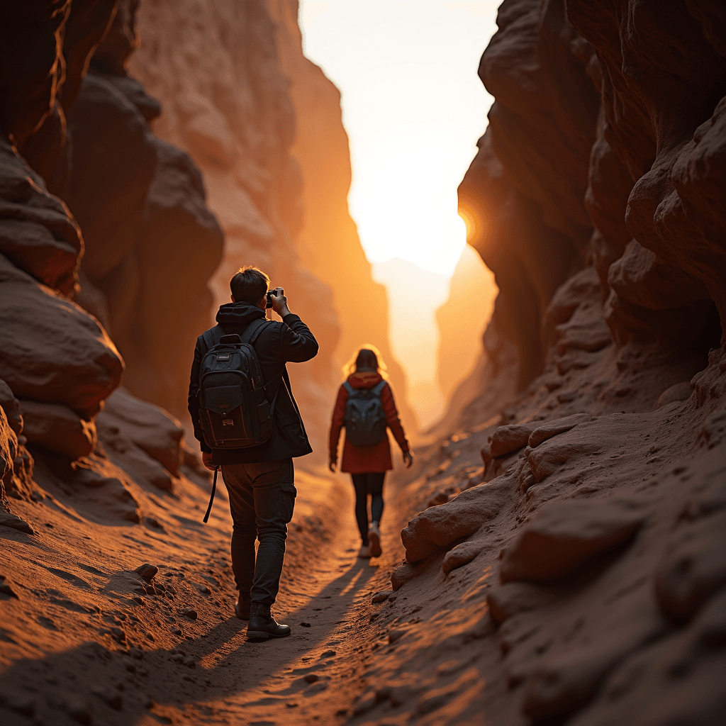 Two hikers explore a sunlit canyon with red rock walls, one photographing the stunning natural scene.