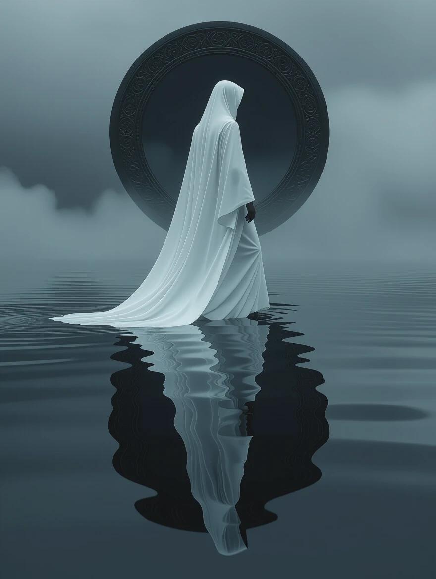 A figure dressed in flowing white robes walks on black waters. The scene features exaggerated perspectives and mirror-like reflections. The composition is dramatic and atmospheric. High detail is akin to the style of Antonio Fadeev. The image is rendered in octane to achieve photorealism.