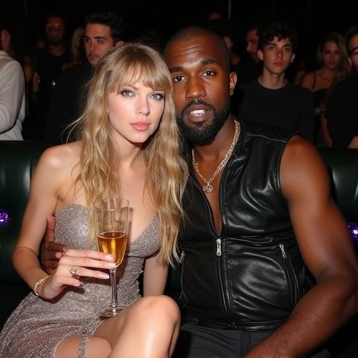 18 year old Taylor Swift and Kanye West seated closely in a nightclub VIP section. Taylor Swift has long blonde curls styled from her Speak Now Era. She wears a sparkly silver dress with brown cowboy boots, holding a champagne glass. Kanye West is next to her wearing a black leather vest, providing another champagne glass. Taylor appears intoxicated with flushed cheeks and a dazed expression. Other individuals surround them in the nightclub setting, capturing a full body shot from the side.