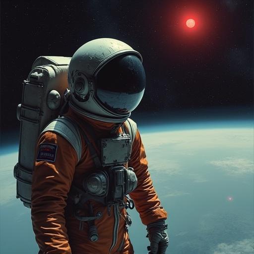A lone Soviet cosmonaut floats in a worn-out spacesuit above a dark Earth. Cold red tint in the atmosphere surrounds him. Stars are distant and indifferent. Cracked helmet visor reflects a red star. Radio static waves drift around him. Earth appears pale blue and red. Scene is melancholic and surreal. Style is hyper-realistic with moody lighting and retro-futuristic details.