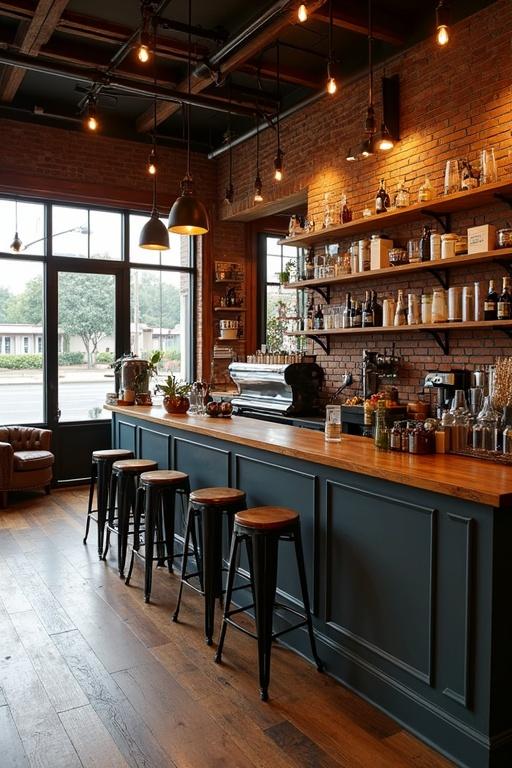 Stylish coffee shop interior design features a wooden bar with coffee equipment warm lighting from pendant lamps shelves filled with coffee supplies large windows provide a view outside walls of exposed brick and country western style timber with a light steam punk aesthetic