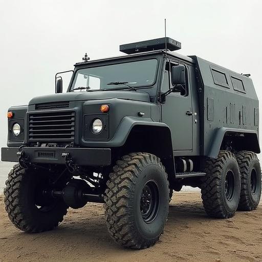 A large and robust steel-plated 6x6 utility vehicle stands confidently on a sandy terrain. The vehicle is painted in matte black with an aggressive design featuring oversized tires. It has unique features such as thick outward-opening doors resembling castle gates and a retractable watchtower equipped with a searchlight. The vehicle embodies power and security with its imposing presence and tactical capabilities.