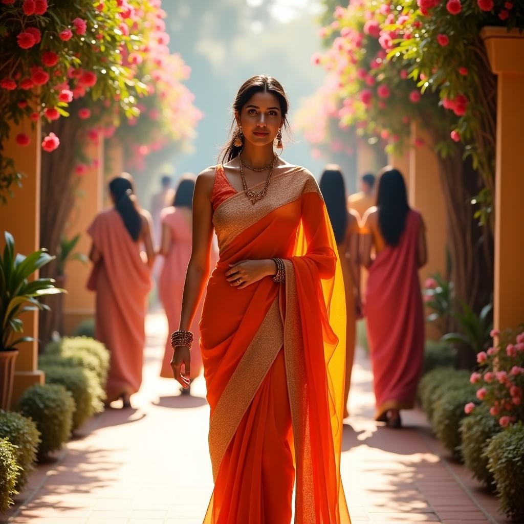 A stunning young woman in an elegant orange sari walks through a beautifully adorned pathway lined with vibrant flowers. She carries herself with grace and confidence, embodying the essence of traditional Indian beauty. The soft sunlight highlights the intricate details of her attire, creating an enchanting atmosphere. Other women elegantly draped in colorful saris add to the cultural richness of the scene. This image captures the harmonious blend of tradition and modern elegance, making it a perfect visual representation of Indian heritage.