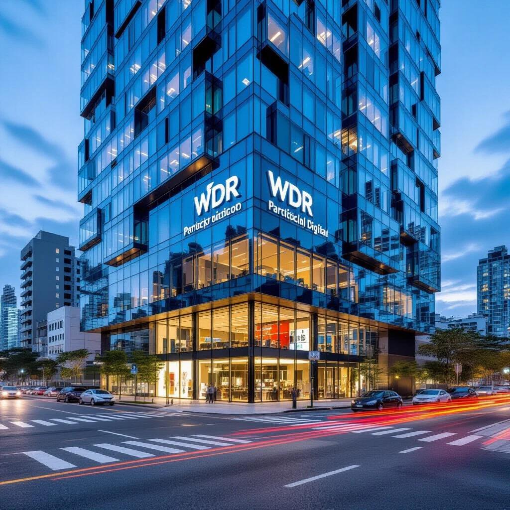 A large parking lot is in the foreground. A 39-story building with a mirrored glass facade stands in the background. The building has a large sign that reads WDR PARTICIPAÇÃO DIGITAL.
