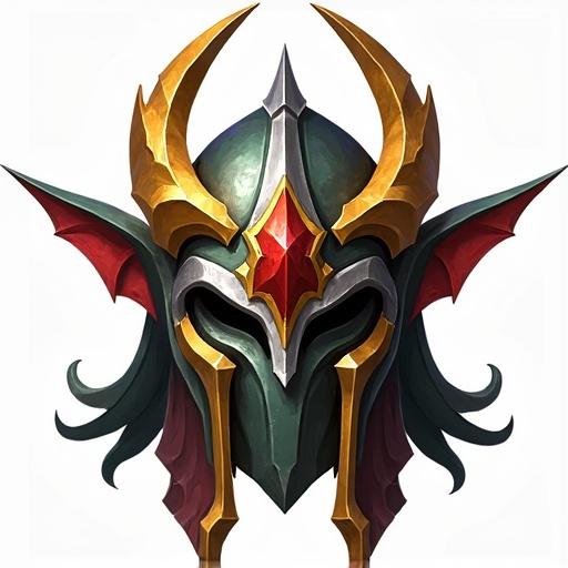Icon of a helmet featuring gold and platinum with dark red black and green accents for a card game. Designed in the style of World of Warcraft. Size 48 x 48 pixels with transparent background.