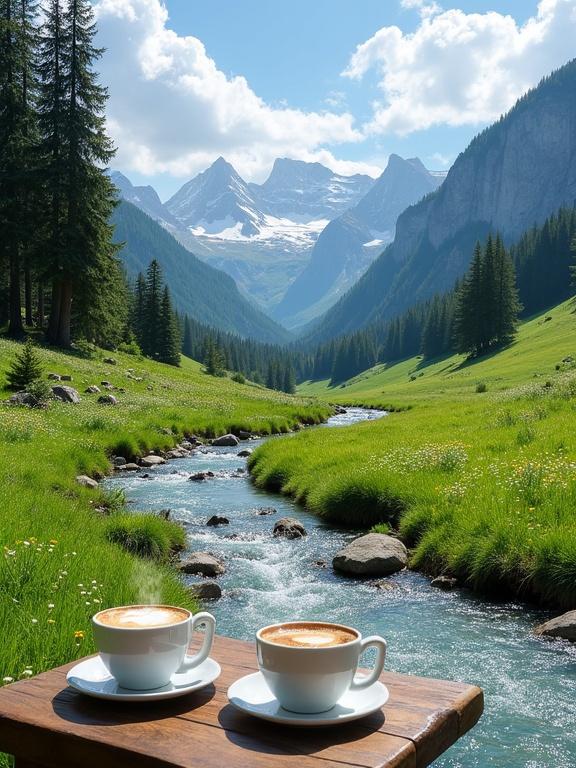 A picturesque alpine landscape featuring a serene meadow and a flowing stream. The meadow is lush and green with wildflowers. A small wooden table has two large white ceramic coffee cups with foam and smoke, alongside two sandwiches on white plates. The stream reflects the sky and surrounding greenery. Tall evergreen trees frame the scene, leading to rugged, snow-capped mountains under a bright blue sky with fluffy white clouds. The atmosphere is tranquil and vibrant, showcasing a pristine mountain valley.