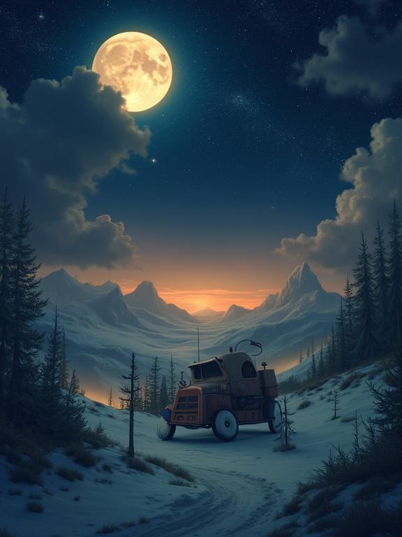A quiet night scene features a whimsical vehicle parked on a snowy path. Surrounding mountains create a peaceful atmosphere under a full moon. Soft clouds drift in the starry sky above, enhancing the dreamlike quality of the landscape.