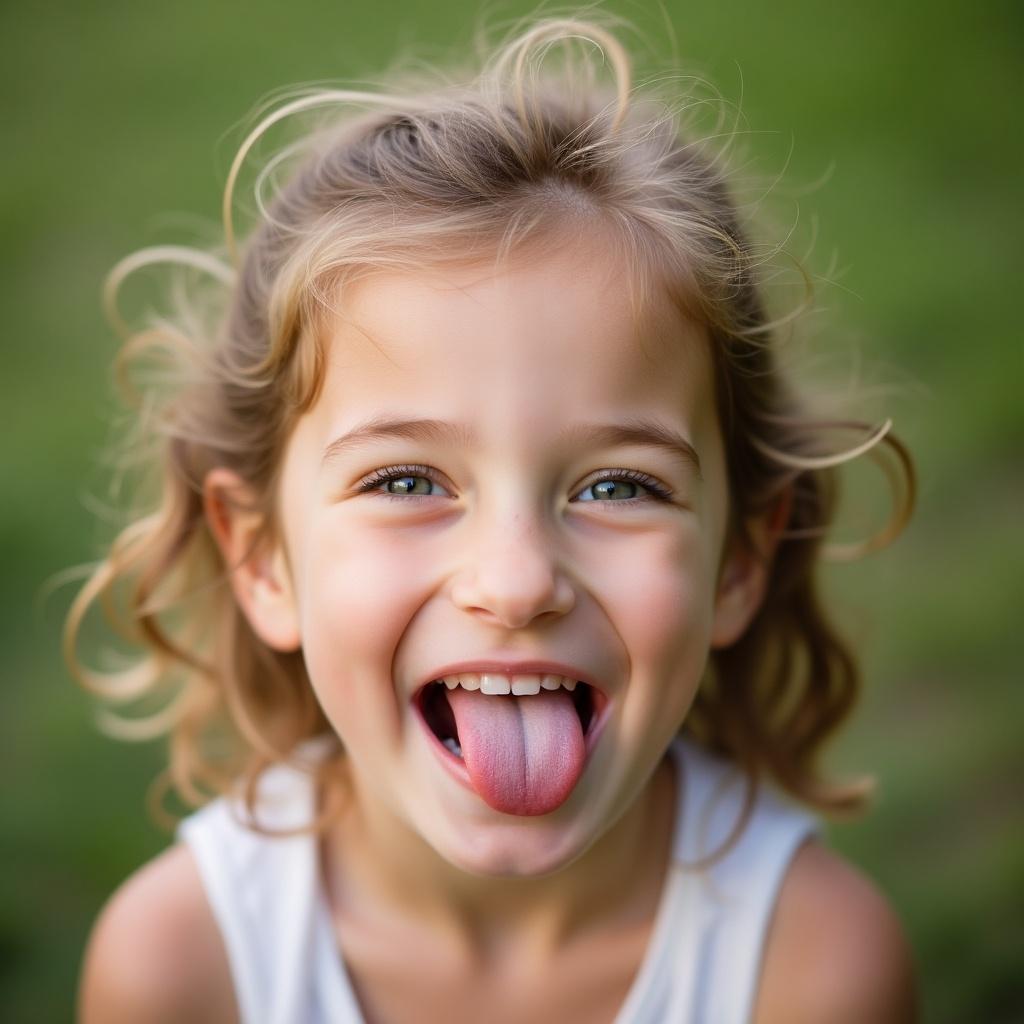 Young girl expressing joy with her tongue out. Natural playful childhood expression. Outdoor setting with a blurred background. The girl has light brown curly hair. She wears a simple white shirt. Bright colors surrounding her enhance the joyful tone.